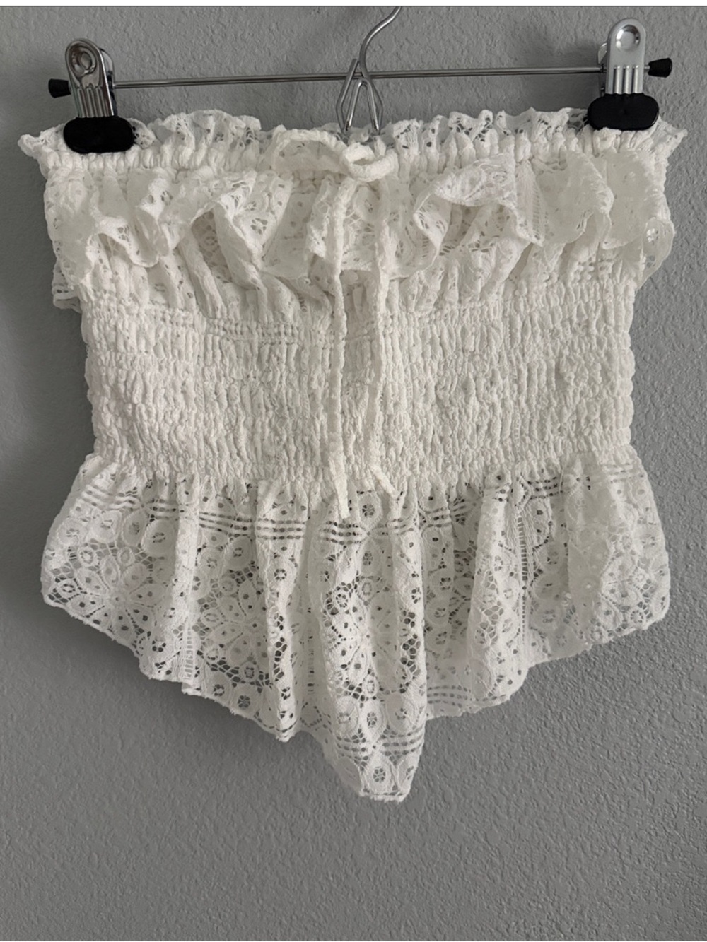 White Eyelet Ruffle Strapless Crochet Lace Smocked Ruffle Peplum Tube Top XS